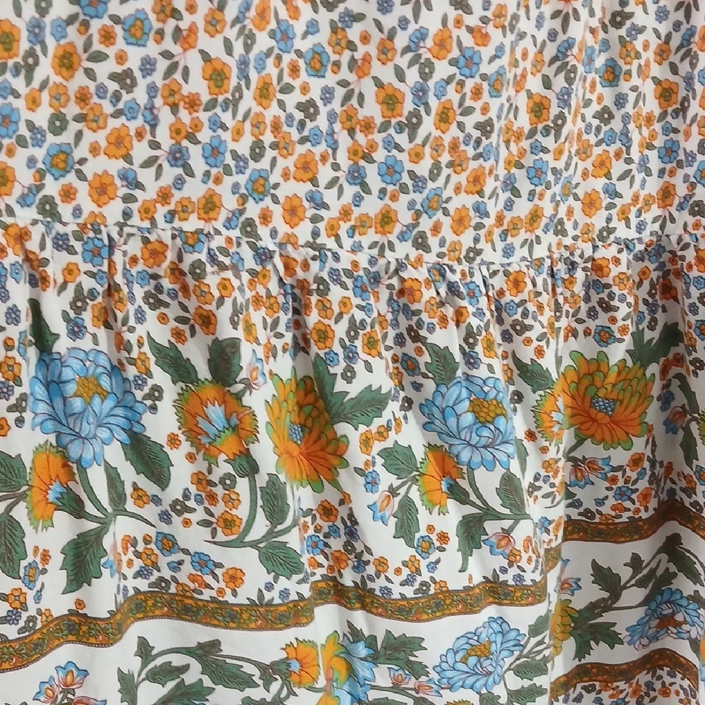Zesica Orange Blue Floral Boho Tiered Pull On Elastic Waist Maxi Skirt SZ M